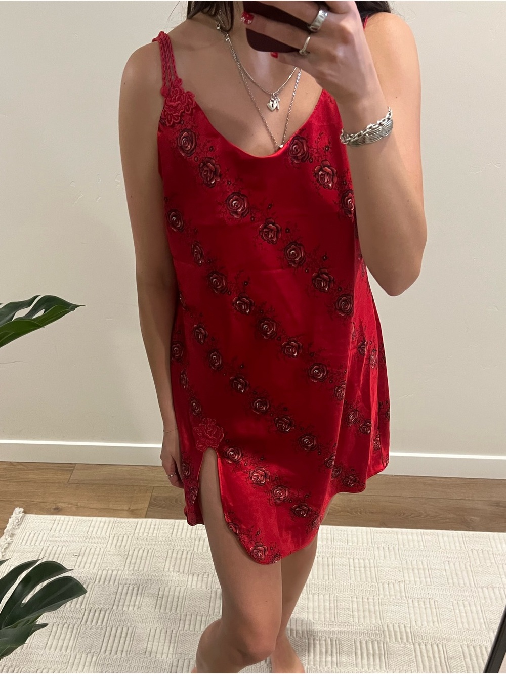 Red Floral Satin Slip Dress Nightie - Women Intimates